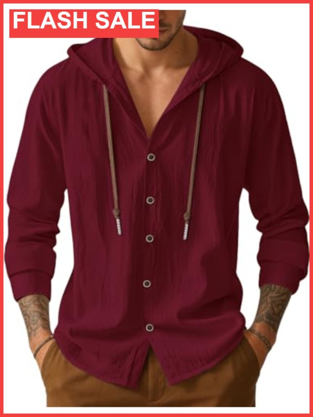 Mens Cotton Linen Button Down Hoodie Long Sleeve Casual Beach Top